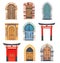 Cartoon gates and doors, wooden and stone entries