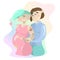 Cartoon gay lesbian nonconformist couple pregnant isolated on colorful background