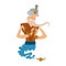 Cartoon genie character magic lamp flat vector illustration treasure arabian aladdin miracle djinn coming out on white