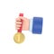 Cartoon Gesture Icon Mockup.Businessman hand holding winner medal, competition winner concept.