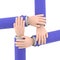 Cartoon Gesture Icon Mockup.Four diverse men holding each others wrists. Top view. 3D rendering