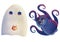 Cartoon ghost and monster cat, Watercolor Halloween illustration with texture, isolated clipart on white background