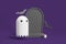 Cartoon ghost near black mockup empty tomb, bats and candle