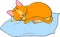 Cartoon ginger cat sleeps on a blue pillow