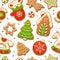 Cartoon gingerbread cookies for celebration design. Merry Christmas vector seamless background. Delicious homemade