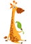 Cartoon giraffe character. Vector illustration funny giraffe eating a leaf and smiling