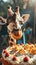 Cartoon giraffe making a birthday wish in front of a delicious cake with lit candles