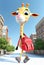 a cartoon giraffe walking down the street with his hand on a school bag