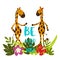 Cartoon giraffes with tropical leaves, flowers and lettering Be wild and free!