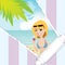 cartoon girl on the beach background with ripped paper