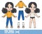 Cartoon girl with black ponytails hairstyle dressed and clothes separately - warm basic sweater, jeans and sneakers