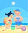 Cartoon girl and boy playing in the sand