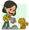 Cartoon girl character feeding little cat