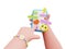 Cartoon girl character hands holding and using mobile phone. Messaging app with cute funny emoji, heart and other icons