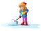 Cartoon girl cleaning snow using a shovel