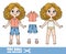 Cartoon girl with curle haired in underwear, dressed and clothes separately -  shirt, denim blue shorts and sandals