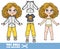 Cartoon girl with curle haired in underwear, dressed and clothes separately - T-shirt, jeans, windbreaker jacket, sneakers