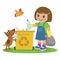 Cartoon Girl And Dog Gathering Garbage And Plastic Waste For Recycling. Kids Activities Vector. Ecology Theme Illustration.