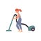 Cartoon girl doing housework using a vacuum cleaner, happy ginger child helping clean the house by vacuuming the floor