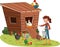 Cartoon girl feeding chickens and roosters. Henhouse with poultry.