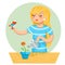 Cartoon Girl Female Woman Character Bird Watering Flower Icon on Stylish Background Design Vector Illustration