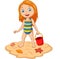 Cartoon girl holding bucket sand at tropical beach
