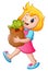 Cartoon girl holding paper bag of groceries with healthy vegetables