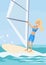 Cartoon girl learning windsurfing