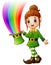 Cartoon girl Leprechaun holding hat with magic rainbow
