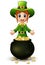 Cartoon girl leprechaun presenting with a pot of gold coins