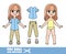 Cartoon girl with long straight hair in underwear, dressed and clothes separately - blue tunic, pants  and sandals