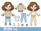 Cartoon girl with lush curly chestnut hairstyle dressed and clothes separately -  beige warm sweater, t-shirt, jeans and sneakers