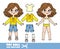 Cartoon girl with lush curly chestnut hairstyle dressed and clothes separately -  Hoodie, t-shirt, denim breeches and sneakers