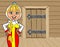 Cartoon girl in national dress talking in a wooden house