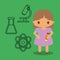 Cartoon girl pencil chemistry icons green background