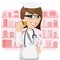 Cartoon girl pharmacist showing medicine bottle