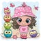 Cartoon Girl in Pink Panama hat and Owls