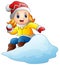 Cartoon girl playing snowboard with a snow