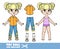 Cartoon girl with ponytails  in underwear, dressed and clothes separately - orange short-sleeved shirt, jeans with stars