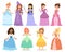 Cartoon girl princess characters different fairy-tale clothes dress cute adorble girls vector illustration.