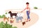 Cartoon girl puppy owner or volunteer on outdoor walk with animals on leashes. Dogwalker, pet care, veterinary concept