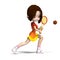 Cartoon girl with racket plays tennis. 3D