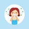 Cartoon girl with a runny nose. A woman with a handkerchief sneezes, splashes and germs fly around. Flu, viral disease.