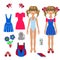 Cartoon girl schoolgirl of elementary grades. Seth collect your daughter to school, a backpack, colored pencils, a dress, shoes,