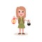 Cartoon girl scout holding red coleman lantern and black cauldron in hands