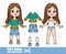 Cartoon girl with straight hair dressed and clothes separately - color summer tunic, denim shorts, sneakers