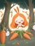 A cartoon of a girl surrounded by carrots and two rabbits