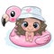 Cartoon girl swimming on pool ring inflatable flamingo