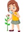 Cartoon girl using a magnifying glass and looking at flowers