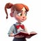 Cartoon girl with vibrant red hair is deeply engrossed in reading book. She stands,